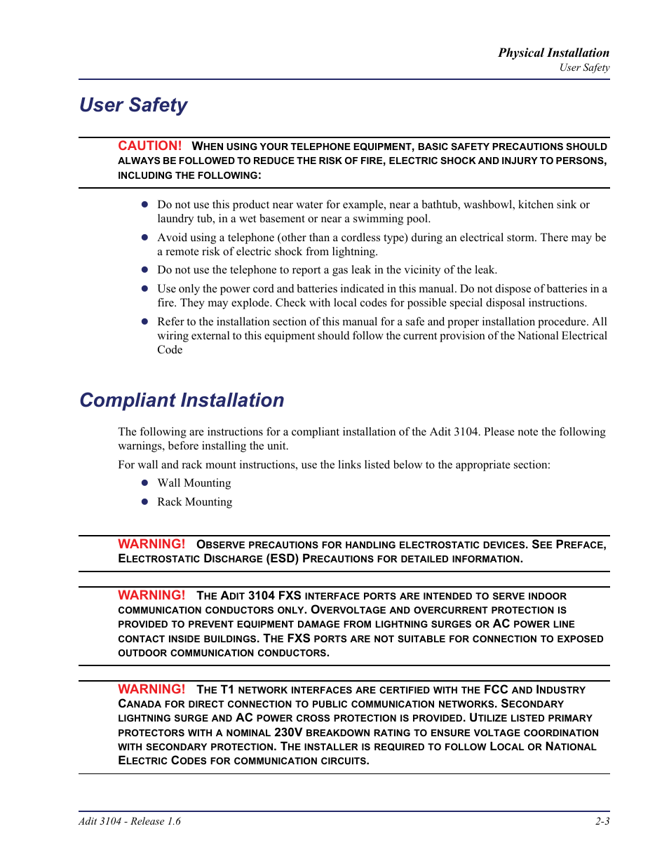 User safety, Compliant installation, User safety -3 compliant installation -3 | Carrier Access Adit 3104 User Manual | Page 25 / 74