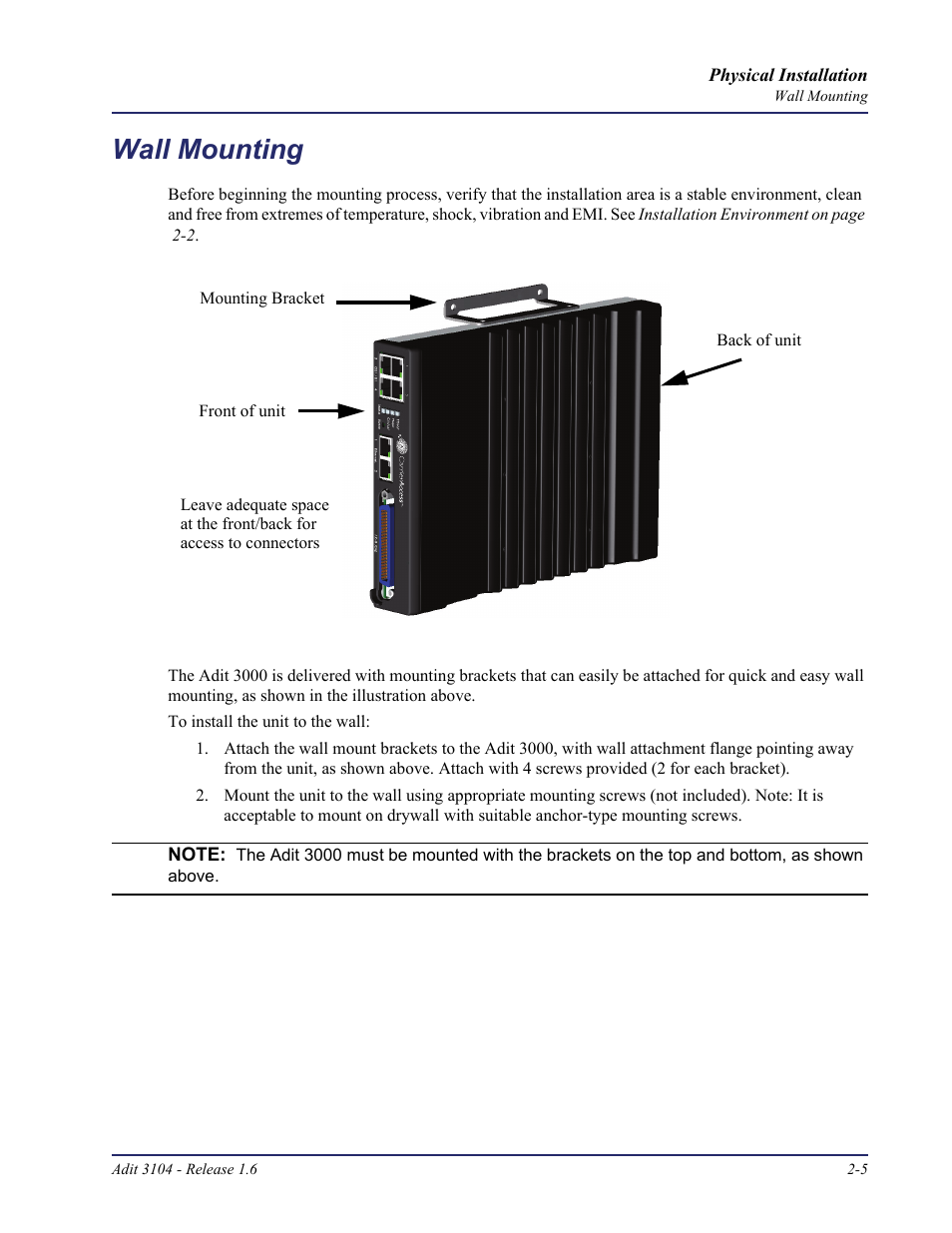 Wall mounting, Wall mounting -5 | Carrier Access Adit 3104 User Manual | Page 27 / 74