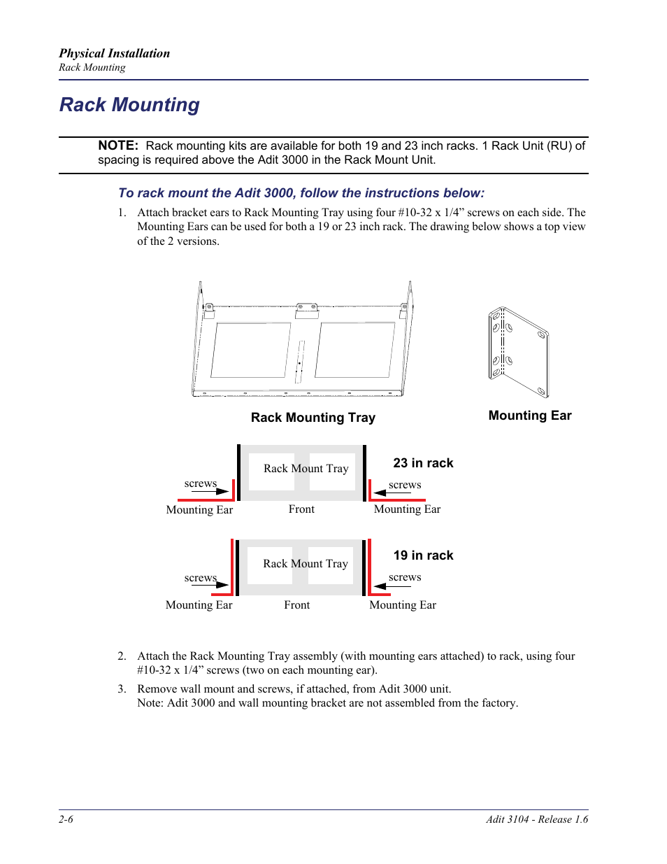 Rack mounting, Rack mounting -6 | Carrier Access Adit 3104 User Manual | Page 28 / 74