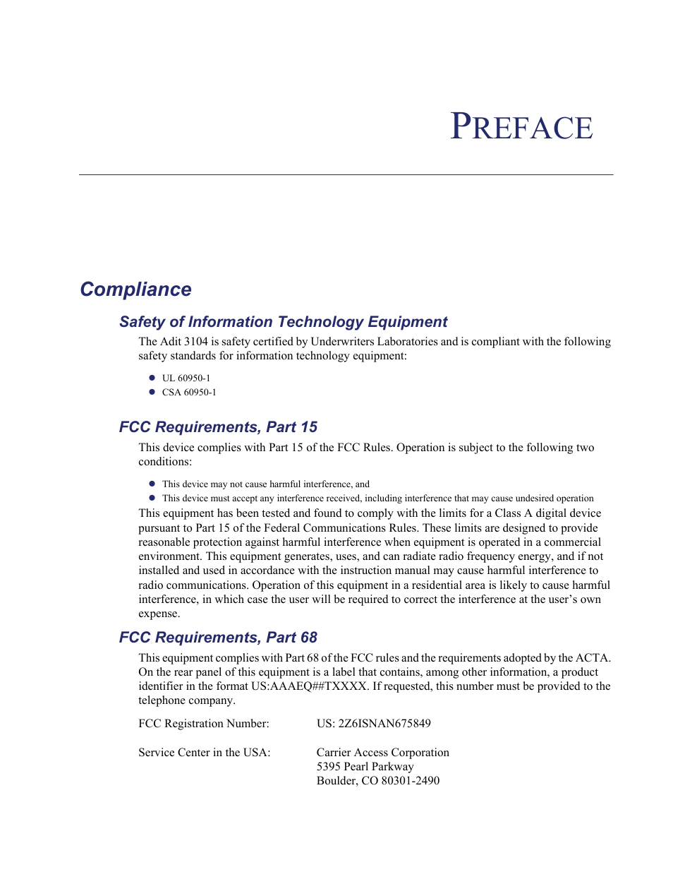 Preface, Safety of information technology equipment, Fcc requirements, part 15 | Fcc requirements, part 68, Reface, Compliance | Carrier Access Adit 3104 User Manual | Page 3 / 74