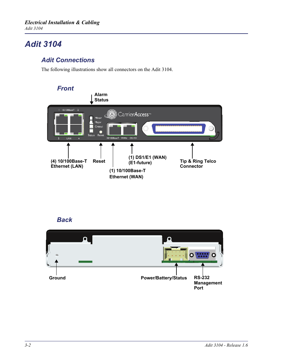 Adit 3104, Adit connections, Adit 3104 -2 | Adit connections -2, Back front | Carrier Access Adit 3104 User Manual | Page 32 / 74