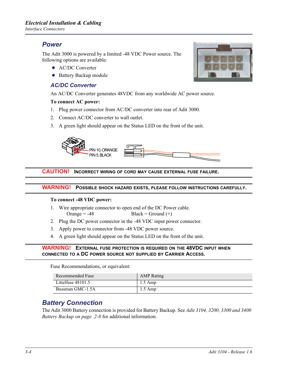 Power, Battery connection, Power -4 battery connection -4 | Carrier Access Adit 3104 User Manual | Page 34 / 74