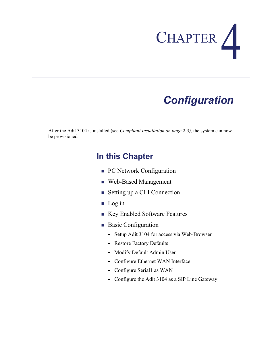 4 - configuration, Configuration, Chapter 4, configuration | Hapter | Carrier Access Adit 3104 User Manual | Page 41 / 74