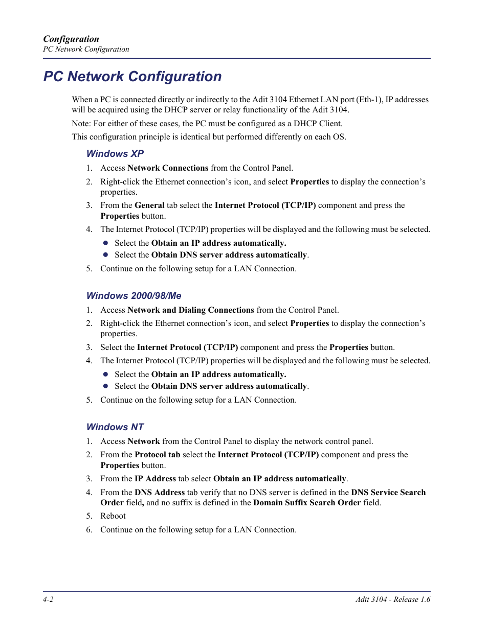 Pc network configuration, Pc network configuration -2 | Carrier Access Adit 3104 User Manual | Page 42 / 74