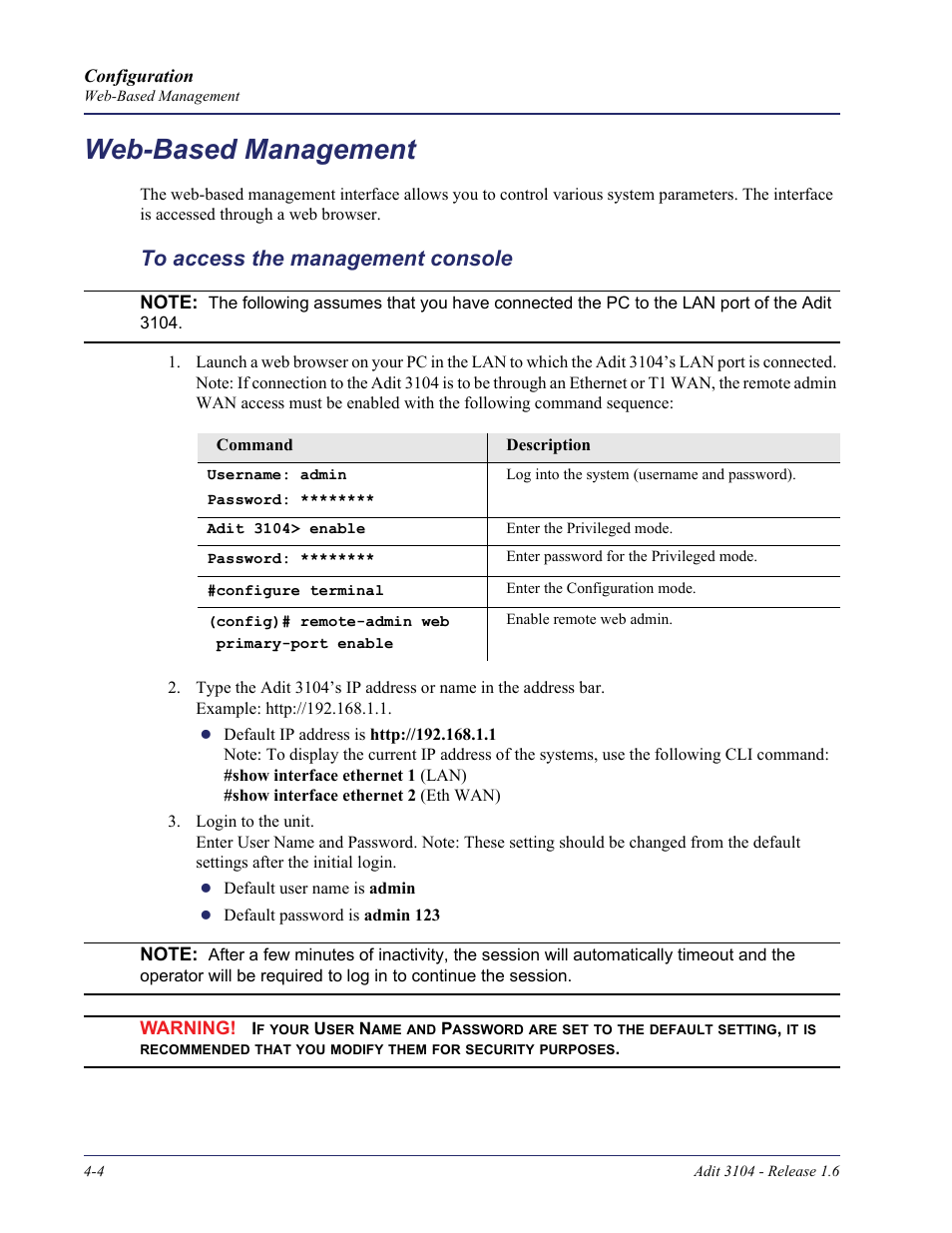 Web-based management, To access the management console, Web-based management -4 | To access the management console -4 | Carrier Access Adit 3104 User Manual | Page 44 / 74