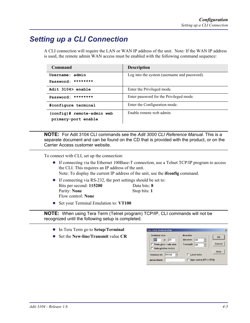 Setting up a cli connection, Setting up a cli connection -5 | Carrier Access Adit 3104 User Manual | Page 45 / 74