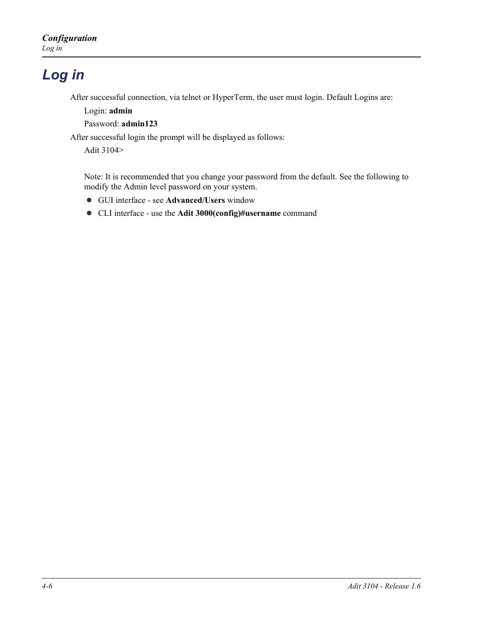 Log in, Log in -6 | Carrier Access Adit 3104 User Manual | Page 46 / 74