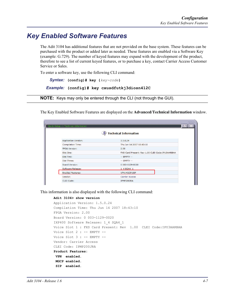 Key enabled software features, Key enabled software features -7 | Carrier Access Adit 3104 User Manual | Page 47 / 74