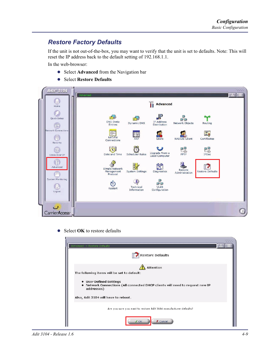 Restore factory defaults, Restore factory defaults -9 | Carrier Access Adit 3104 User Manual | Page 49 / 74