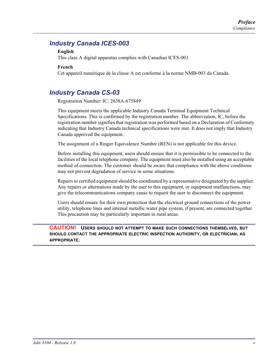 Industry canada ices-003, Industry canada cs-03 | Carrier Access Adit 3104 User Manual | Page 5 / 74