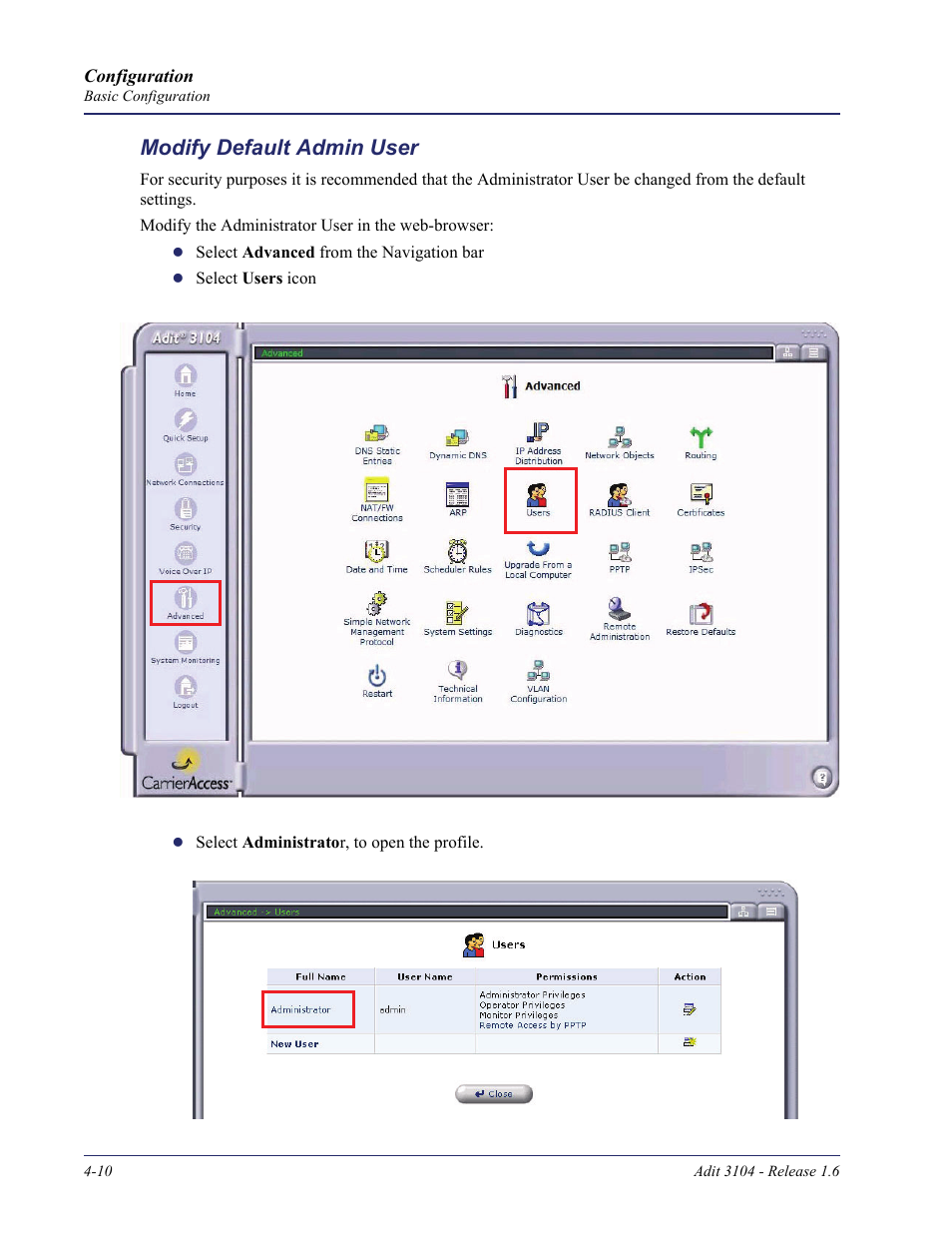 Modify default admin user, Modify default admin user -10 | Carrier Access Adit 3104 User Manual | Page 50 / 74