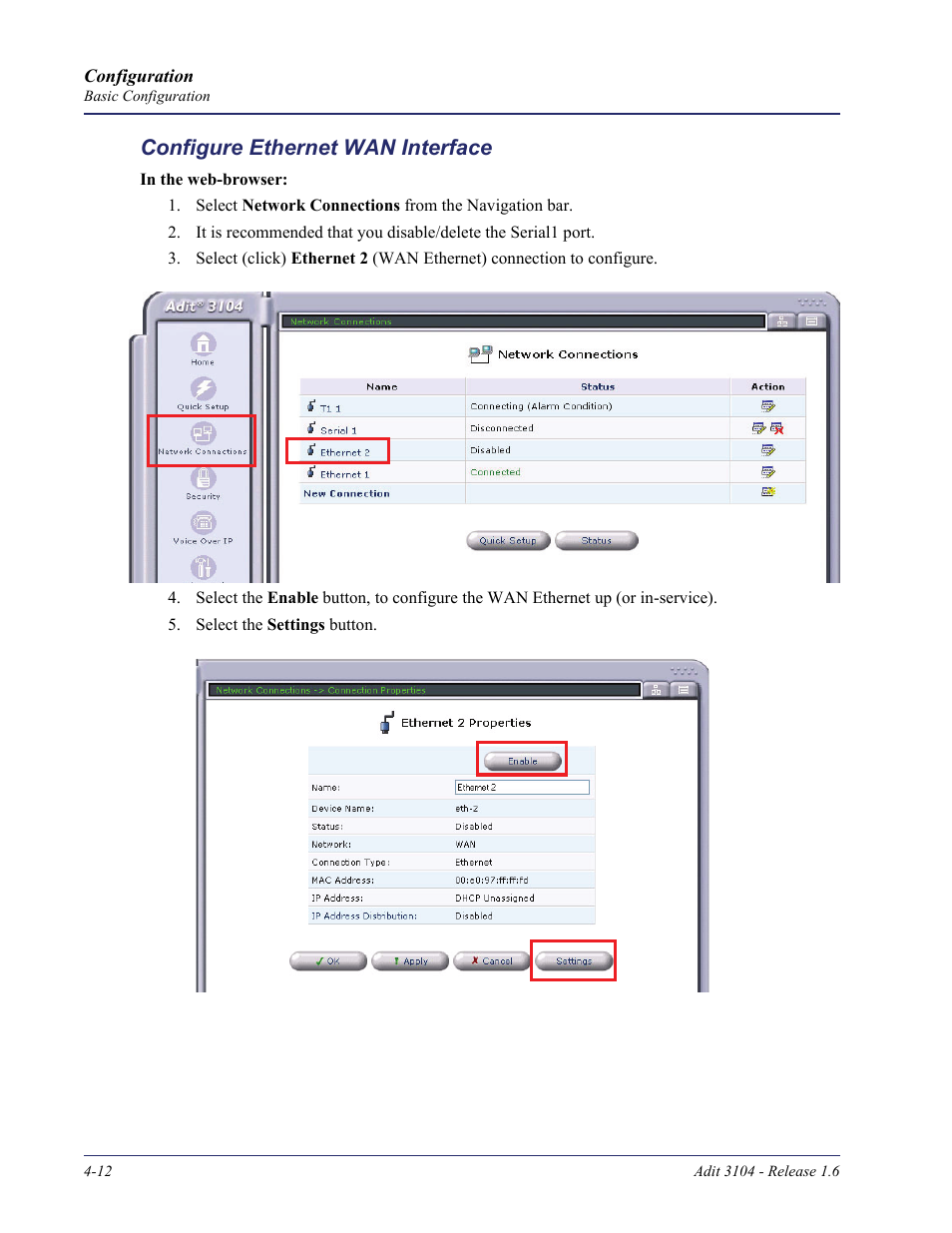 Configure ethernet wan interface, Configure ethernet wan interface -12 | Carrier Access Adit 3104 User Manual | Page 52 / 74
