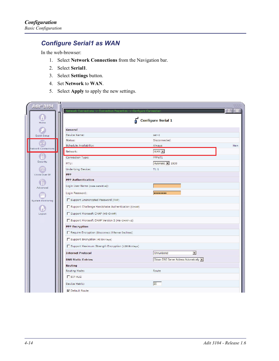 Configure serial1 as wan, Configure serial1 as wan -14 | Carrier Access Adit 3104 User Manual | Page 54 / 74