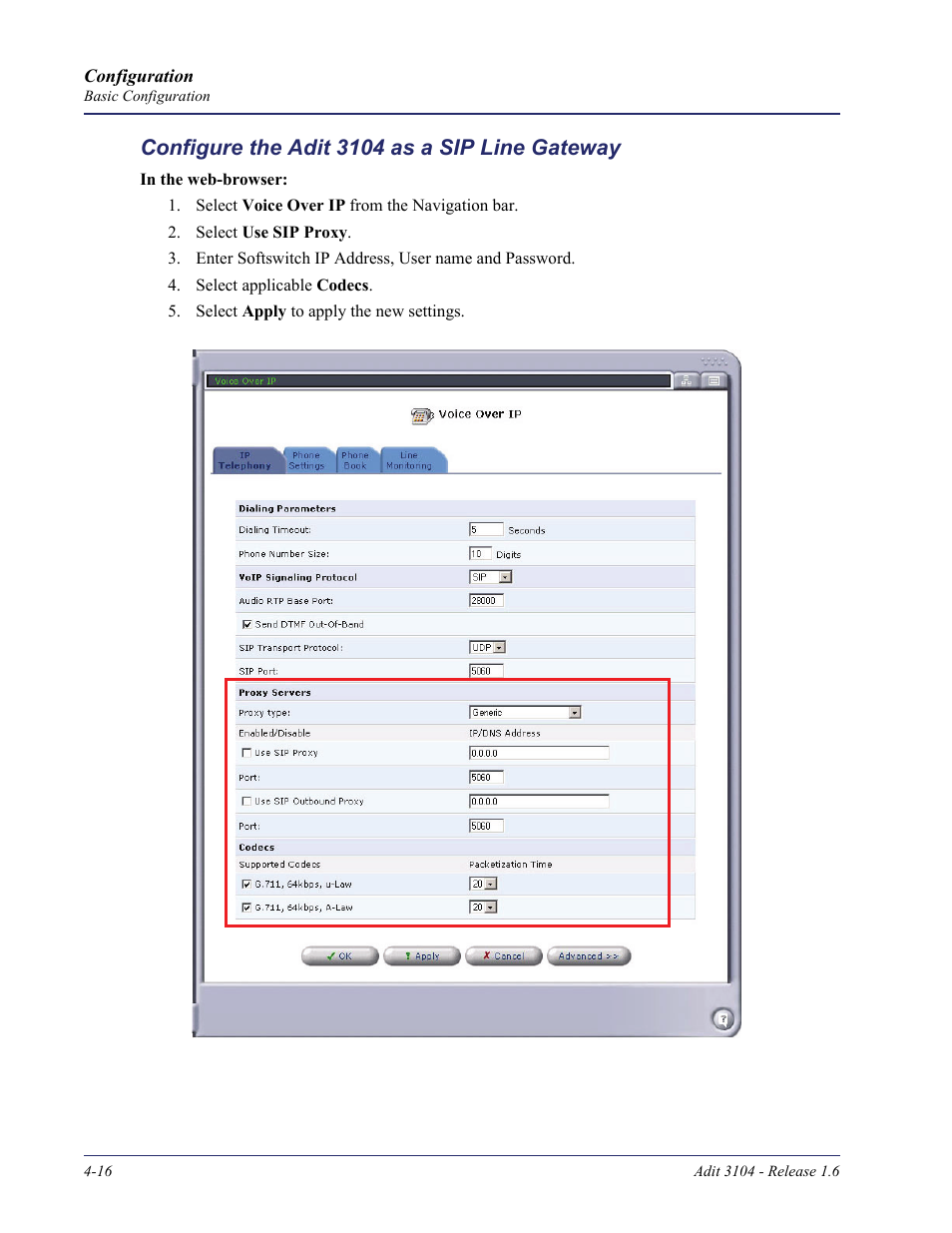 Configure the adit 3104 as a sip line gateway, Configure the adit 3104 as a sip line gateway -16 | Carrier Access Adit 3104 User Manual | Page 56 / 74