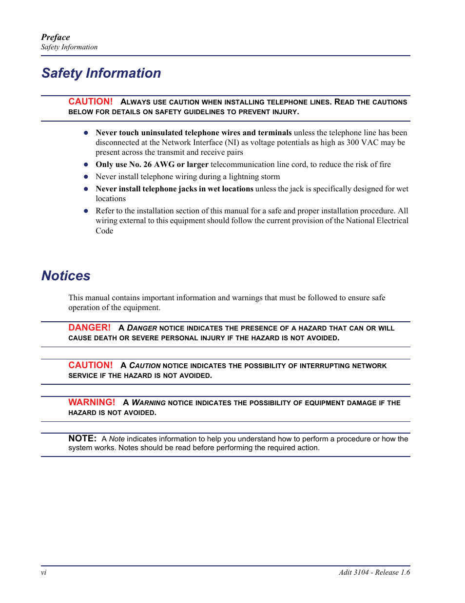 Safety information, Notices | Carrier Access Adit 3104 User Manual | Page 6 / 74