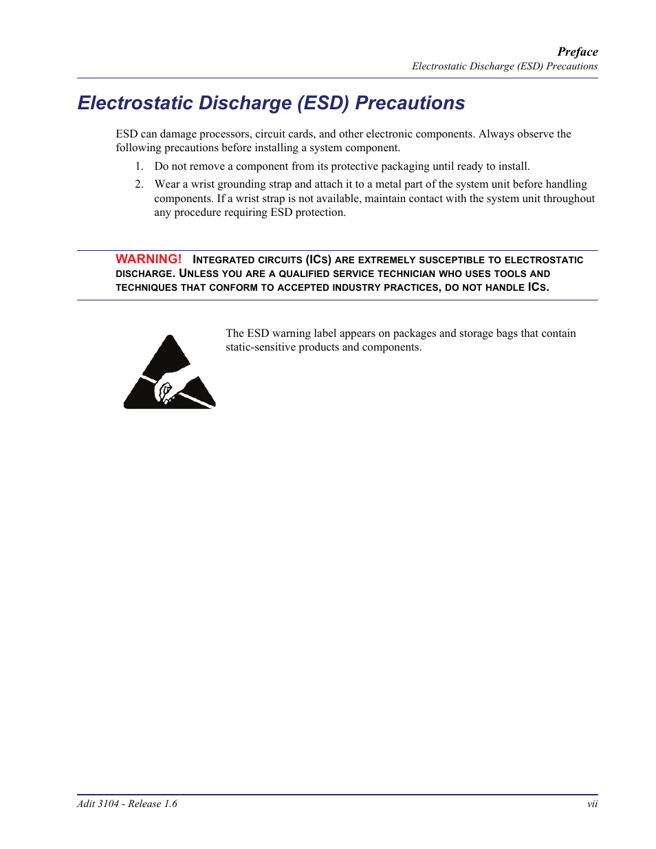 Electrostatic discharge (esd) precautions | Carrier Access Adit 3104 User Manual | Page 7 / 74