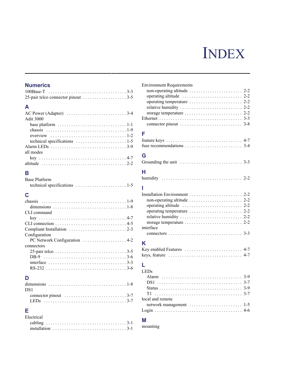Index, Ndex | Carrier Access Adit 3104 User Manual | Page 73 / 74