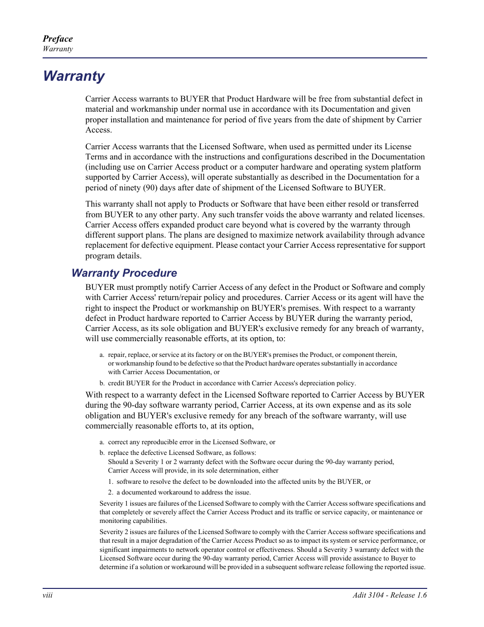 Warranty procedure, Warranty | Carrier Access Adit 3104 User Manual | Page 8 / 74