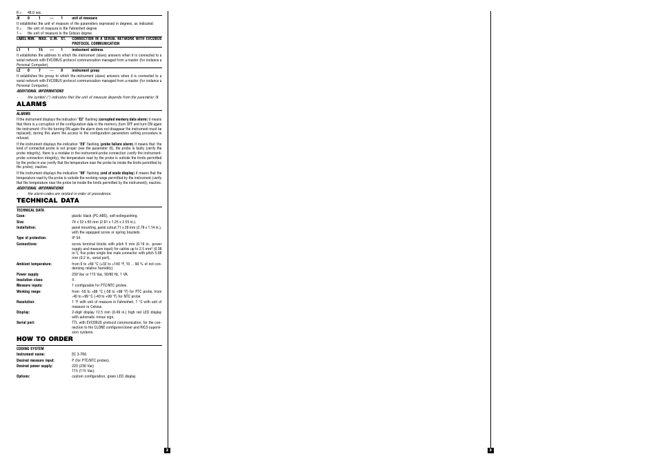 Alarms, Technical data, How to order | EVCO EC3T60 User Manual | Page 2 / 2