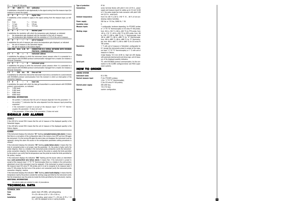 Signals and alarms, Technical da, How to order | EVCO EC3T63 User Manual | Page 2 / 2