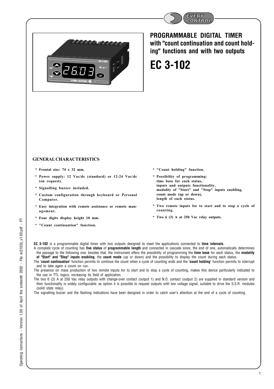 EVCO EC3102 User Manual | 6 pages