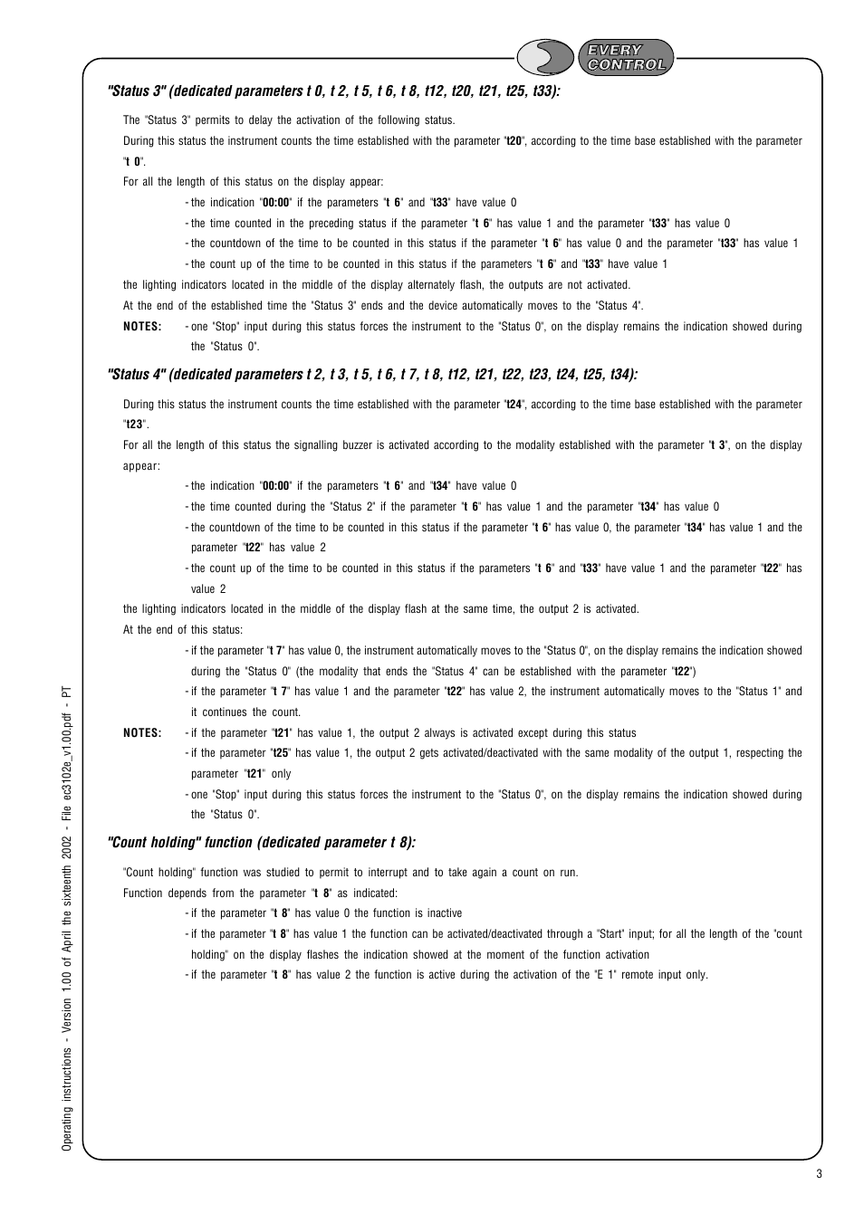 Count holding" function (dedicated parameter t 8) | EVCO EC3102 User Manual | Page 3 / 6