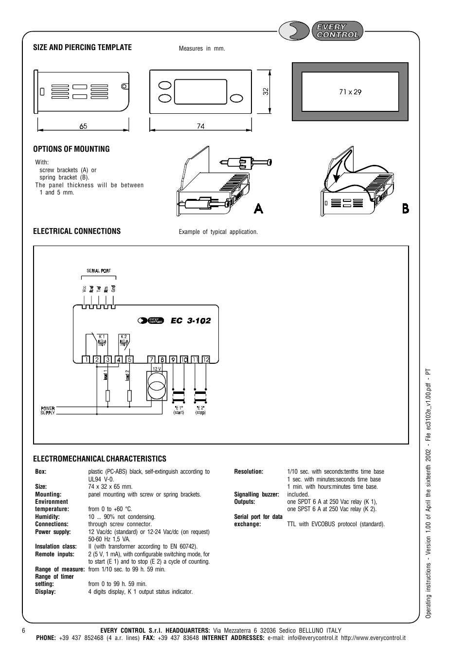 Options of mounting, Size and piercing template | EVCO EC3102 User Manual | Page 6 / 6