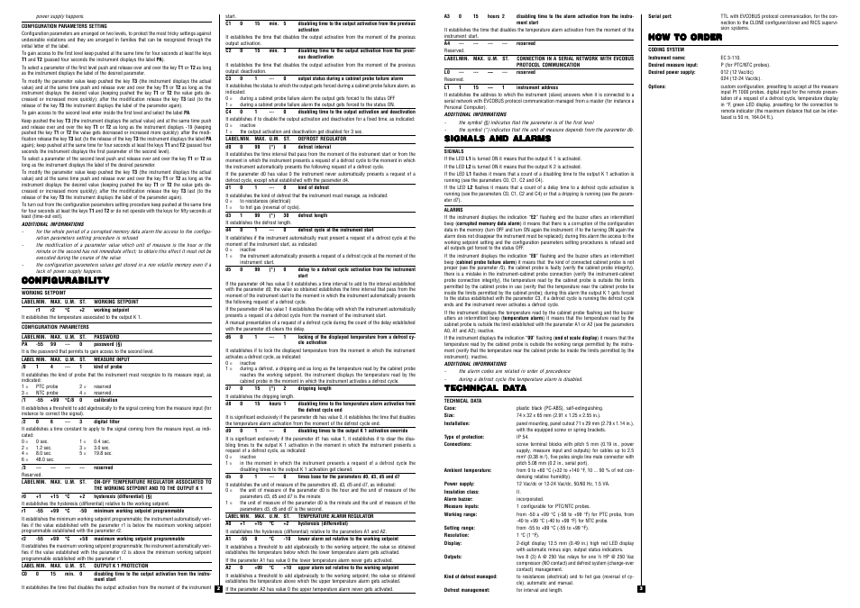 Configurability, Signals and alarms, Technical da | How to order | EVCO EC3110 User Manual | Page 2 / 2
