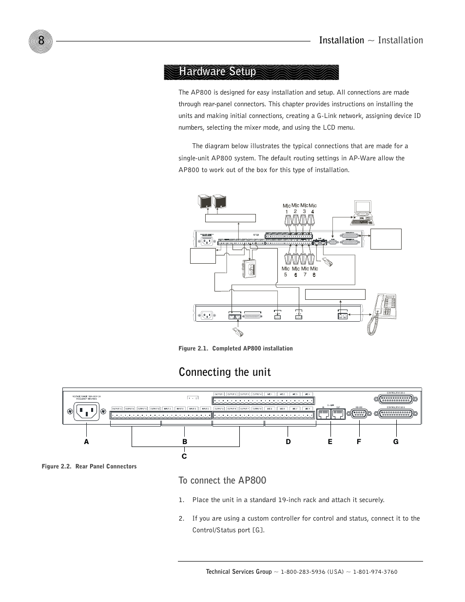 Connecting the unit, Hardware setup, Installation ~ installation | ClearOne AP800 User Manual | Page 12 / 68