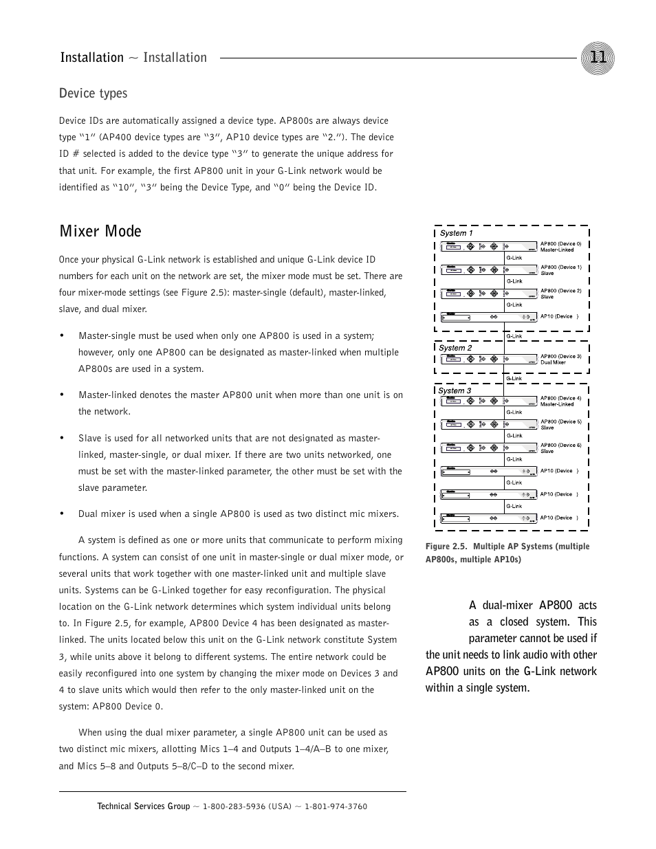Mixer mode, Installation ~ installation, Device types | ClearOne AP800 User Manual | Page 15 / 68