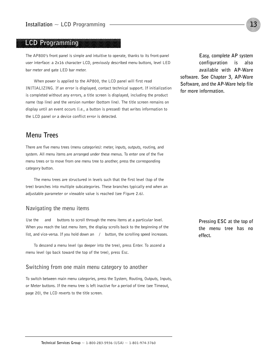 Menu trees, Lcd programming | ClearOne AP800 User Manual | Page 17 / 68