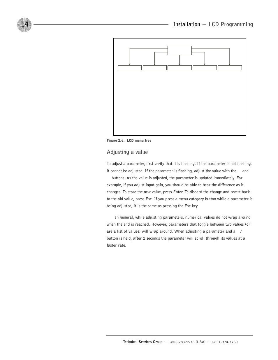 Installation ~ lcd programming, Adjusting a value | ClearOne AP800 User Manual | Page 18 / 68