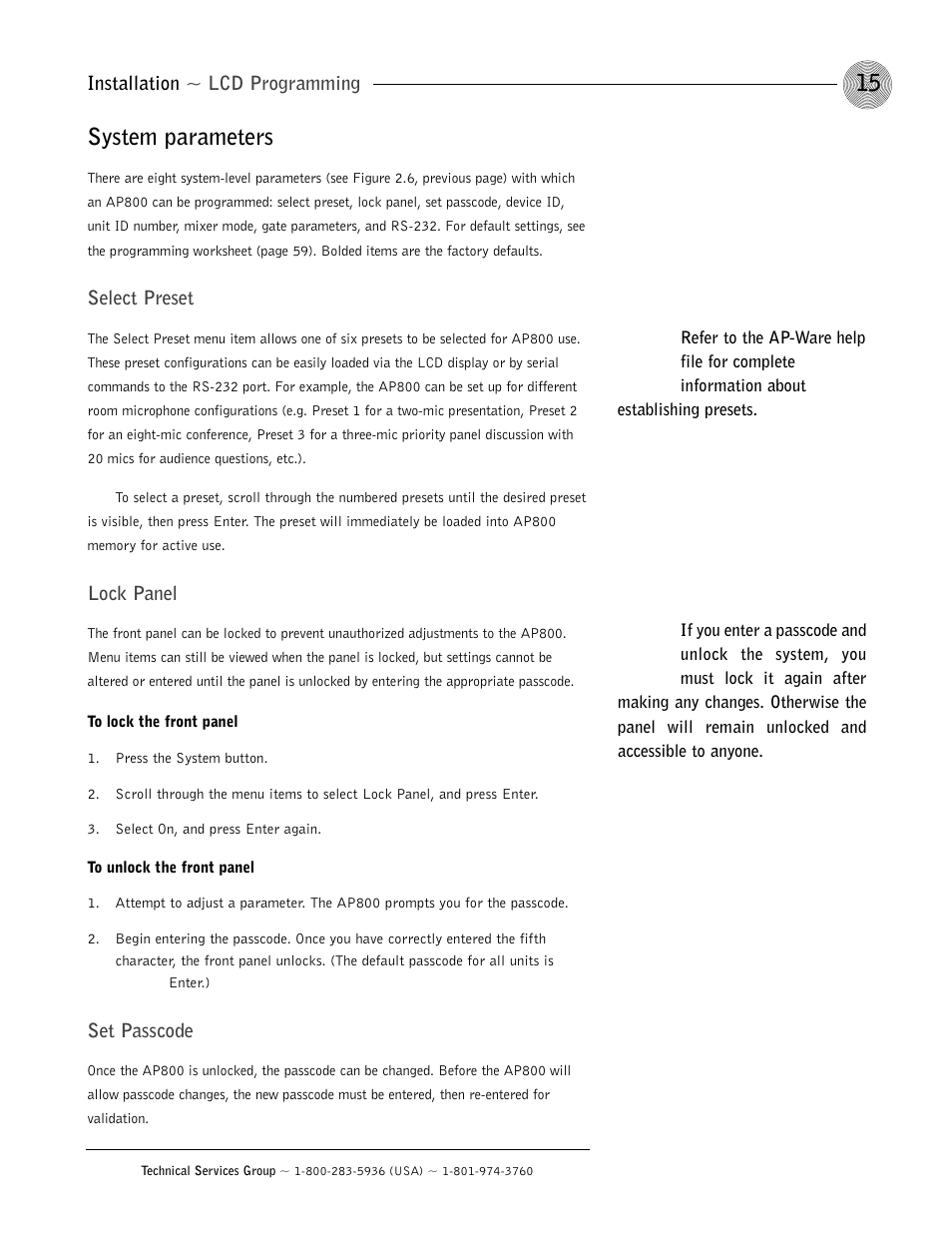 System parameters | ClearOne AP800 User Manual | Page 19 / 68