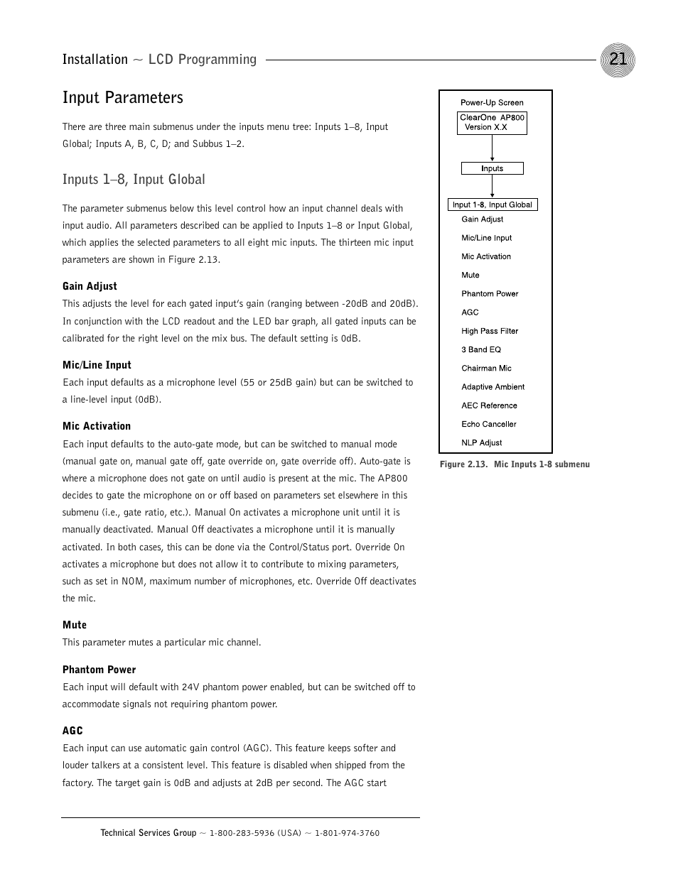 Input parameters, Installation ~ lcd programming, Inputs 1–8, input global | ClearOne AP800 User Manual | Page 25 / 68