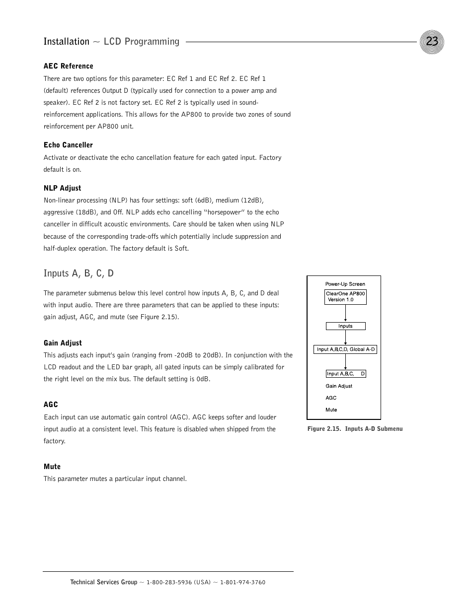 Installation ~ lcd programming, Inputs a, b, c, d | ClearOne AP800 User Manual | Page 27 / 68