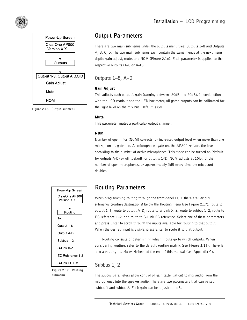 Output parameters, Routing parameters, Installation ~ lcd programming | Outputs 1–8, a–d, Subbus 1, 2 | ClearOne AP800 User Manual | Page 28 / 68