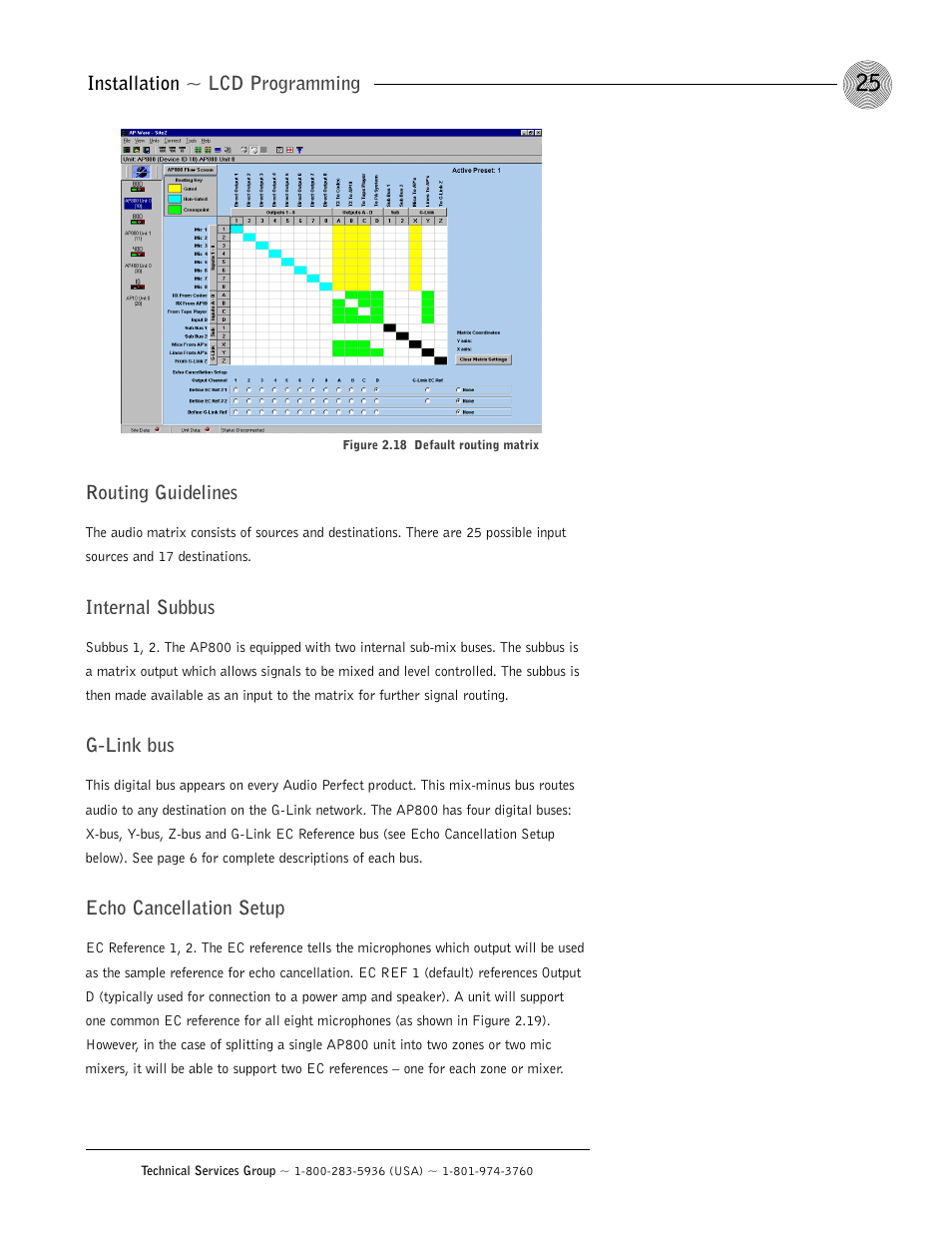 Installation ~ lcd programming, Routing guidelines, Internal subbus | G-link bus, Echo cancellation setup | ClearOne AP800 User Manual | Page 29 / 68