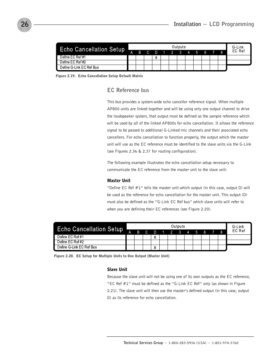 Echo cancellation setup, Installation ~ lcd programming, Ec reference bus | ClearOne AP800 User Manual | Page 30 / 68