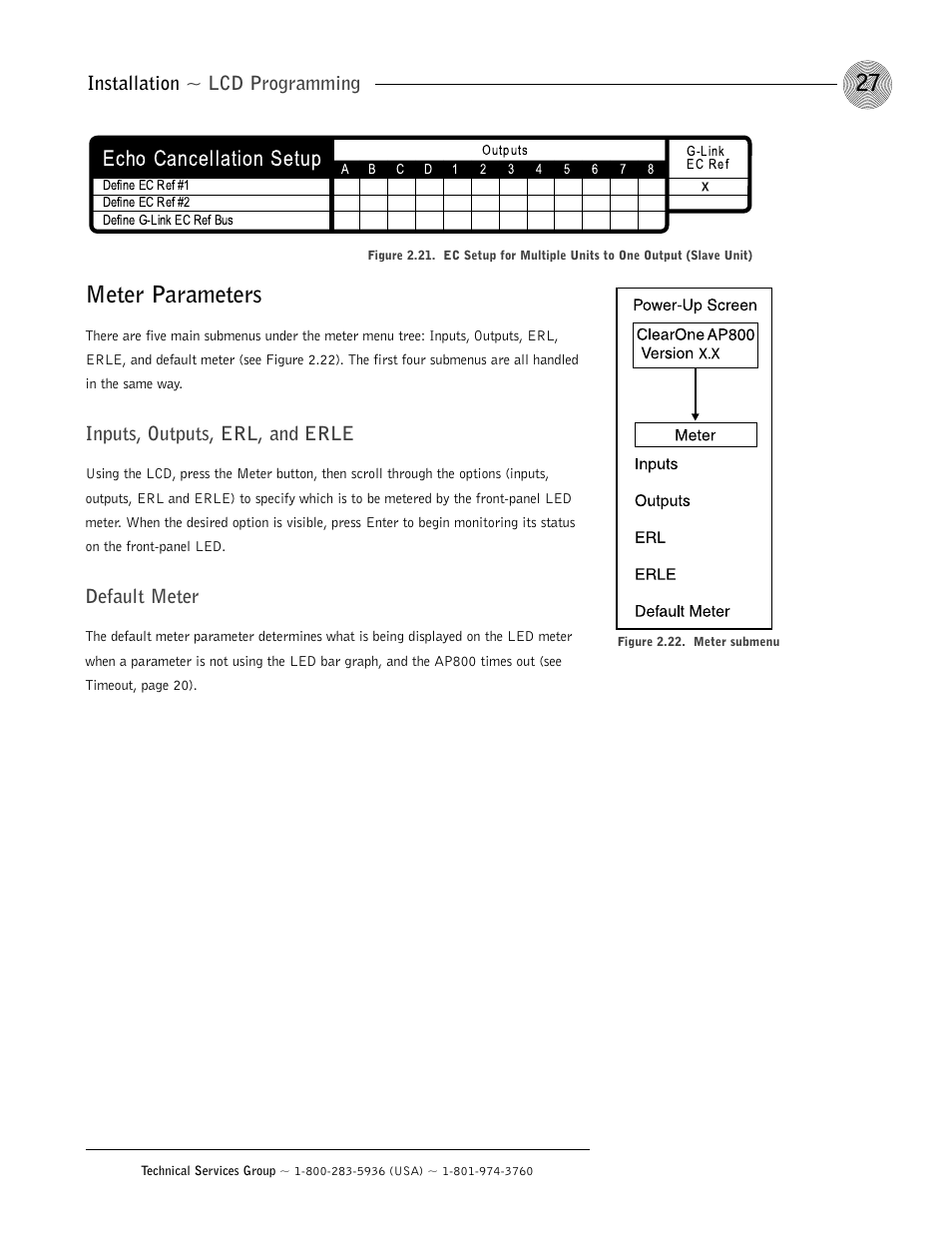 Meter parameters, Echo cancellation setup, Installation ~ lcd programming | Inputs, outputs, erl, and erle, Default meter | ClearOne AP800 User Manual | Page 31 / 68