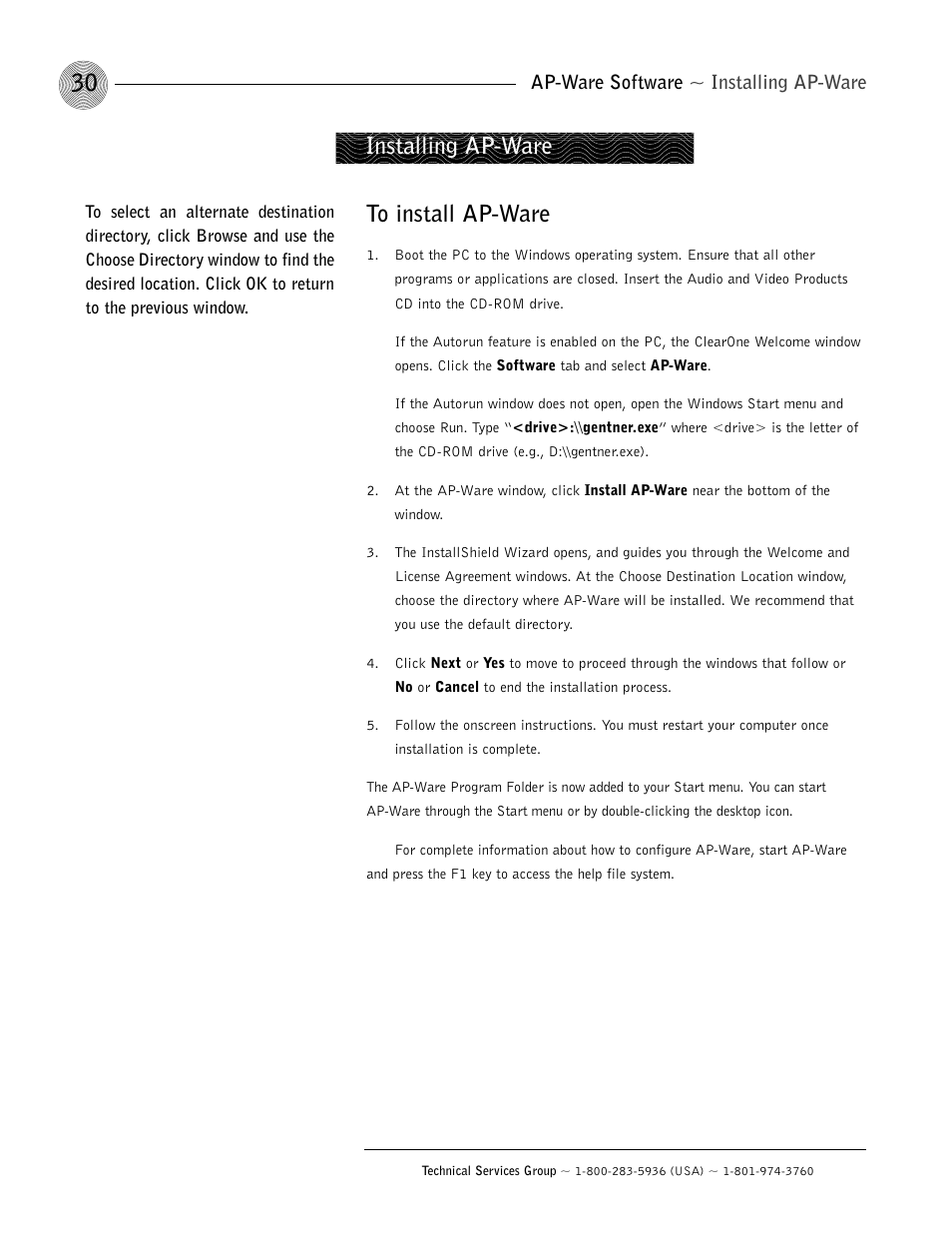 Installing ap-ware, Ap-ware software ~ installing ap-ware | ClearOne AP800 User Manual | Page 34 / 68