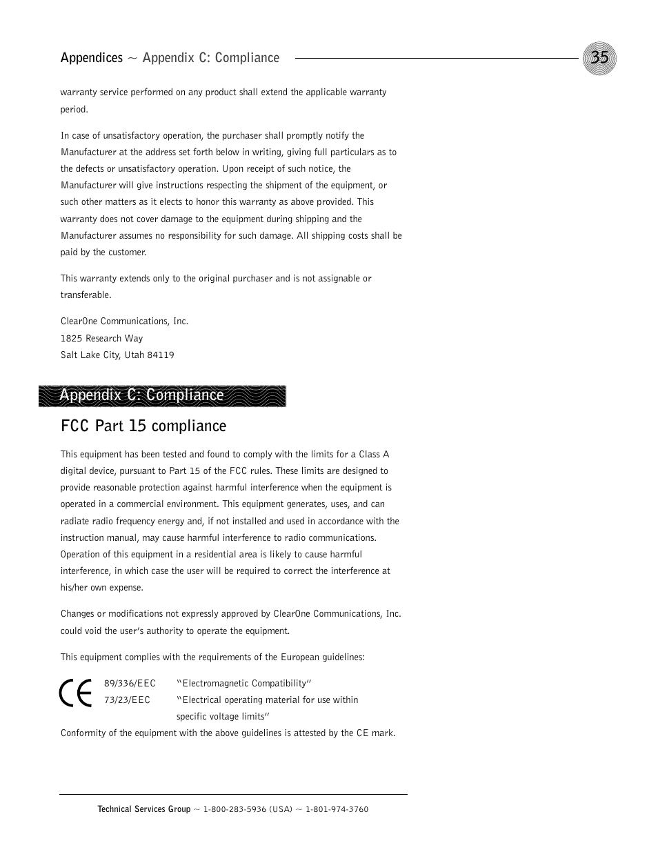 Fcc part 15 compliance, Appendix c: compliance, Appendices ~ appendix c: compliance | ClearOne AP800 User Manual | Page 39 / 68