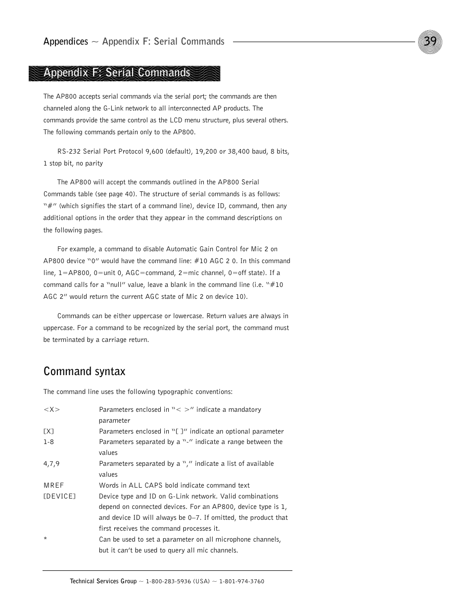 Command syntax, Appendix f: serial commands, Appendices ~ appendix f: serial commands | ClearOne AP800 User Manual | Page 43 / 68