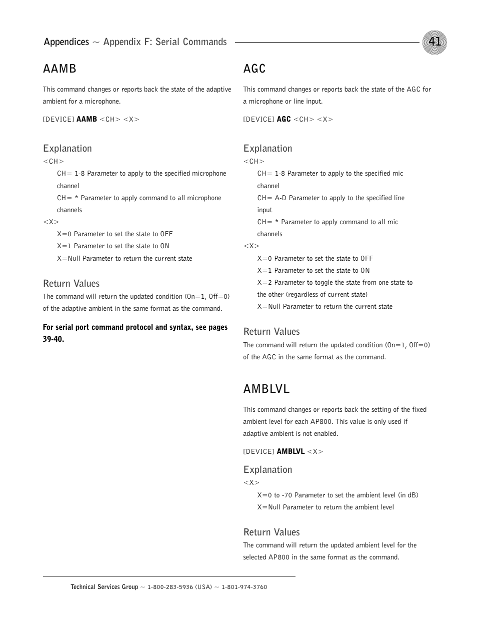 Aamb, Amblvl, Appendices ~ appendix f: serial commands | Explanation, Return values | ClearOne AP800 User Manual | Page 45 / 68