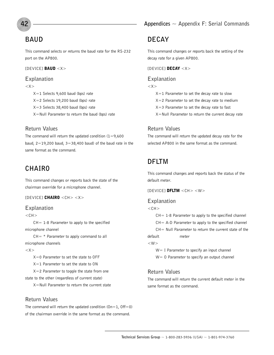 Baud, Chairo, Decay | Dfltm, Appendices ~ appendix f: serial commands, Explanation, Return values | ClearOne AP800 User Manual | Page 46 / 68