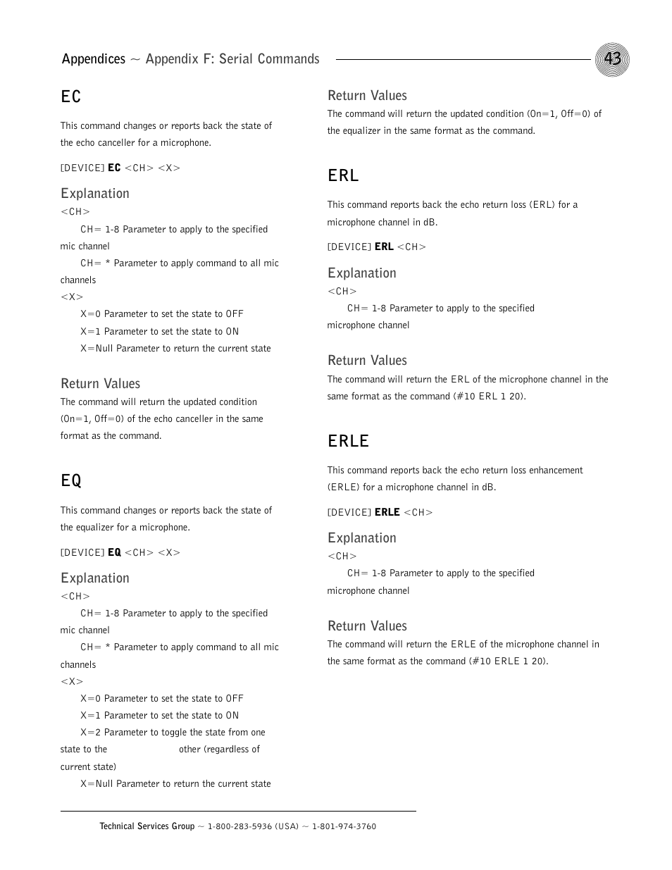 Erle, Appendices ~ appendix f: serial commands, Explanation | Return values | ClearOne AP800 User Manual | Page 47 / 68