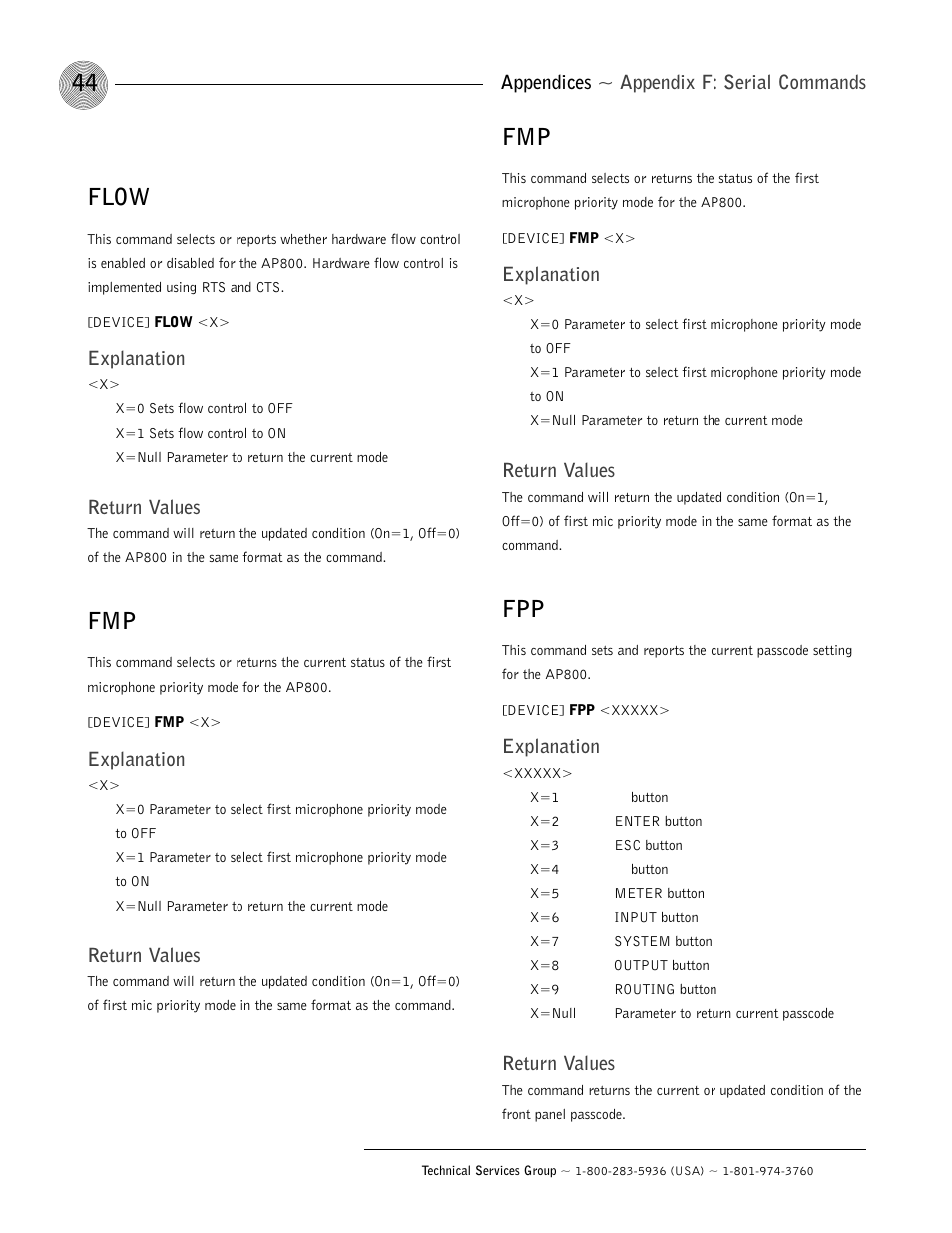 Flow, Appendices ~ appendix f: serial commands, Explanation | Return values | ClearOne AP800 User Manual | Page 48 / 68