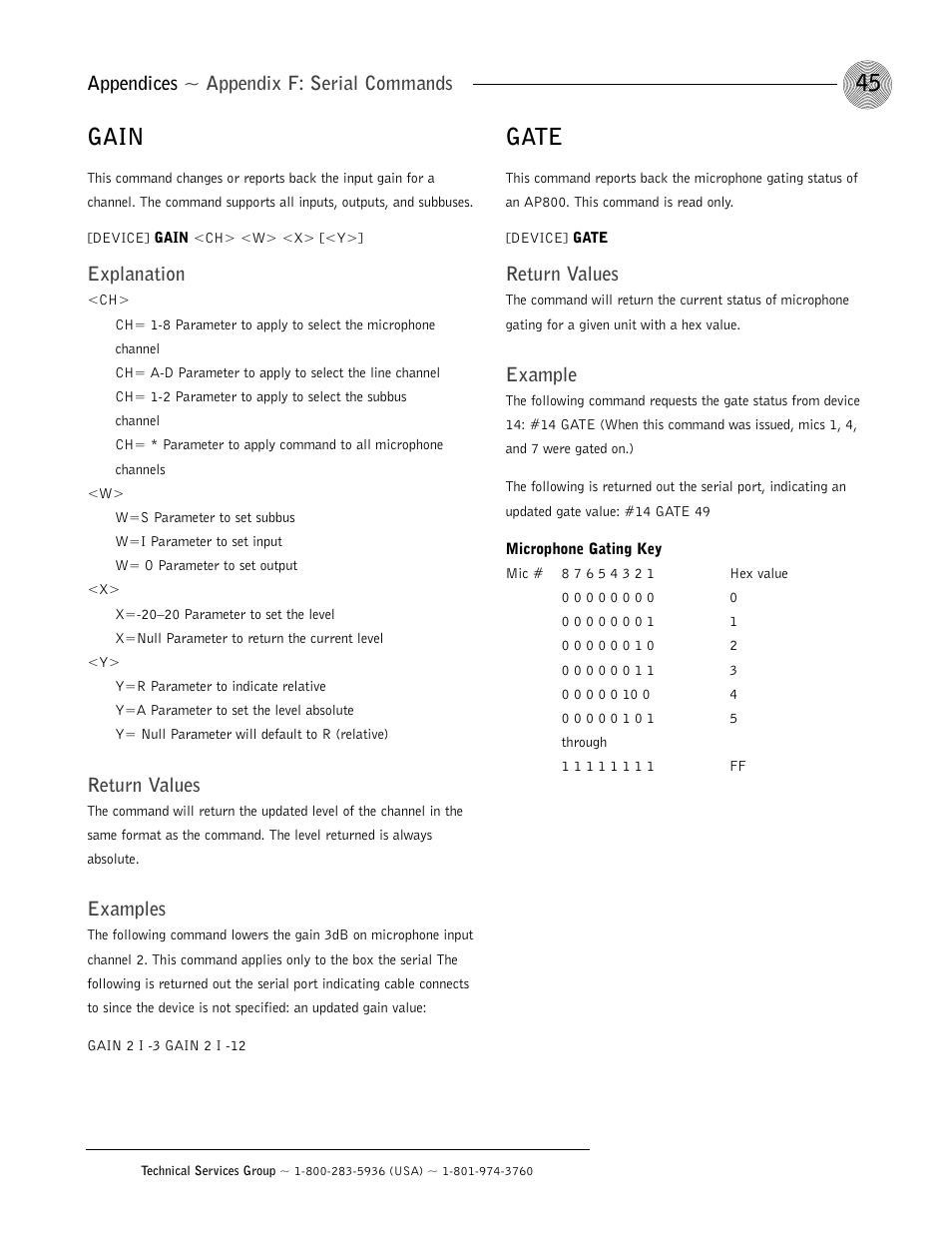 Gain, Gate, Appendices ~ appendix f: serial commands | Explanation, Return values, Examples, Example | ClearOne AP800 User Manual | Page 49 / 68