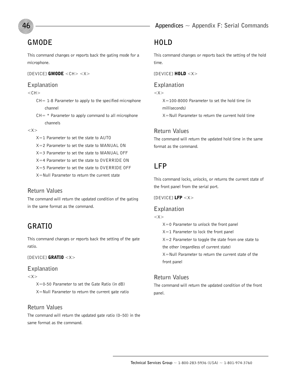 Gmode, Gratio, Hold | Appendices ~ appendix f: serial commands, Explanation, Return values | ClearOne AP800 User Manual | Page 50 / 68