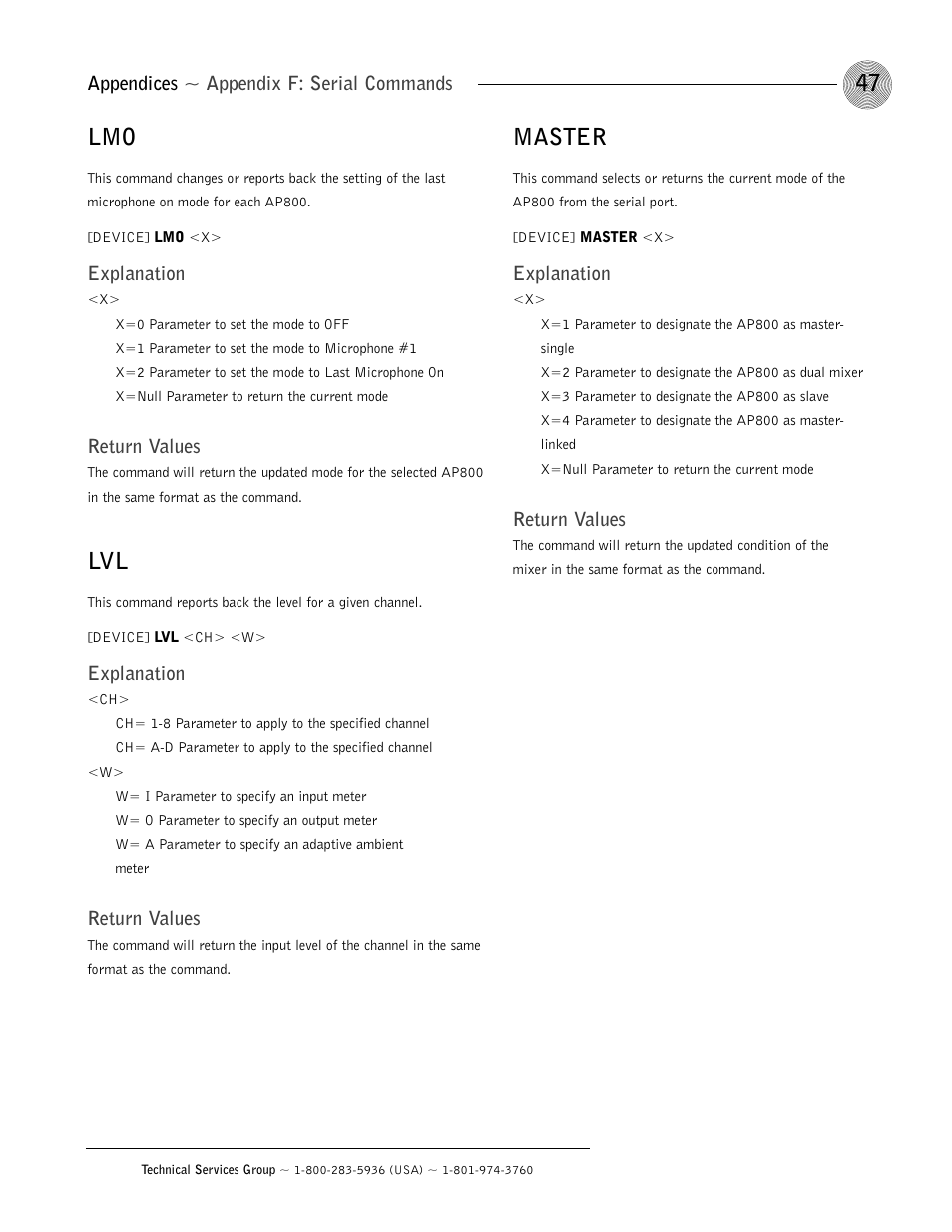 Master, Appendices ~ appendix f: serial commands, Explanation | Return values | ClearOne AP800 User Manual | Page 51 / 68