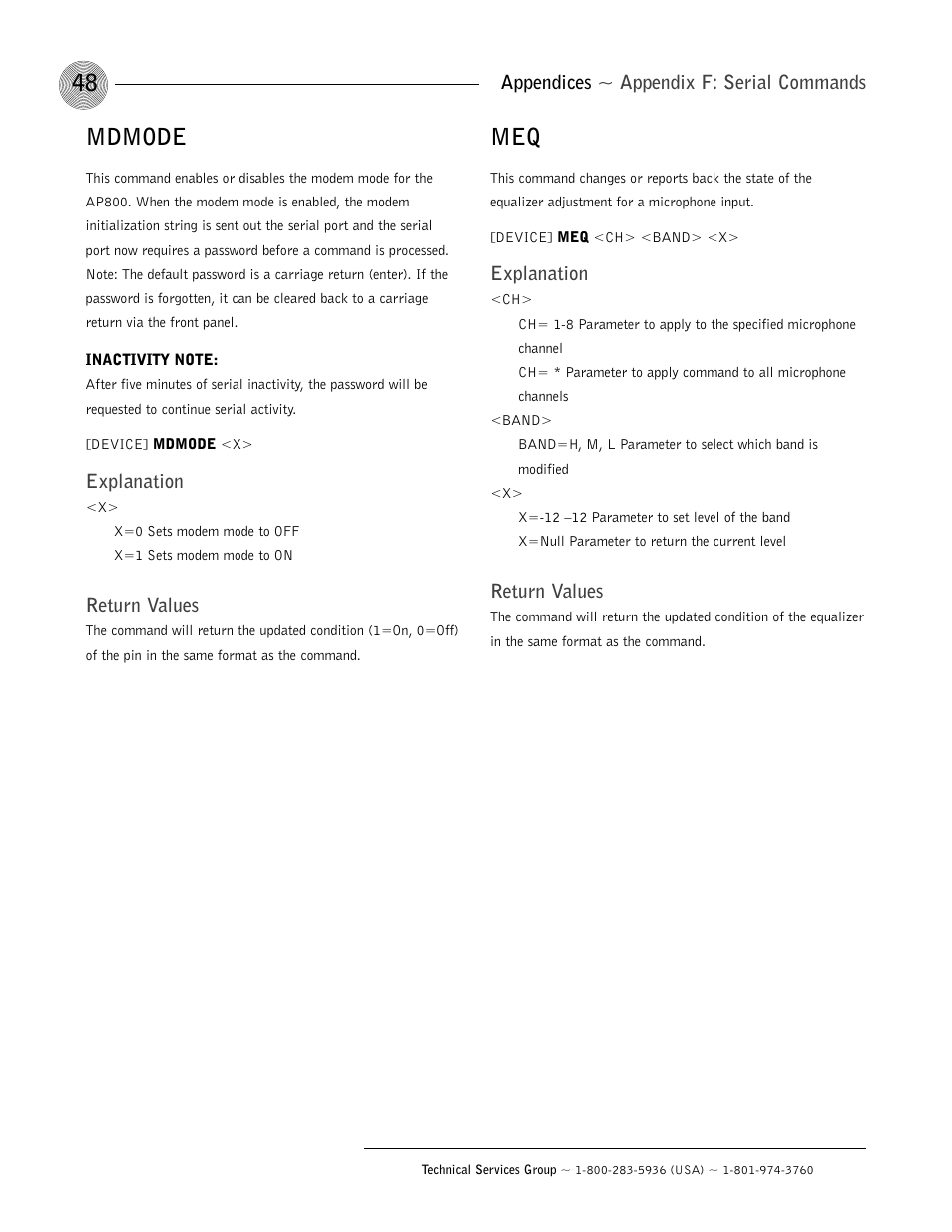 Mdmode, Appendices ~ appendix f: serial commands, Explanation | Return values | ClearOne AP800 User Manual | Page 52 / 68